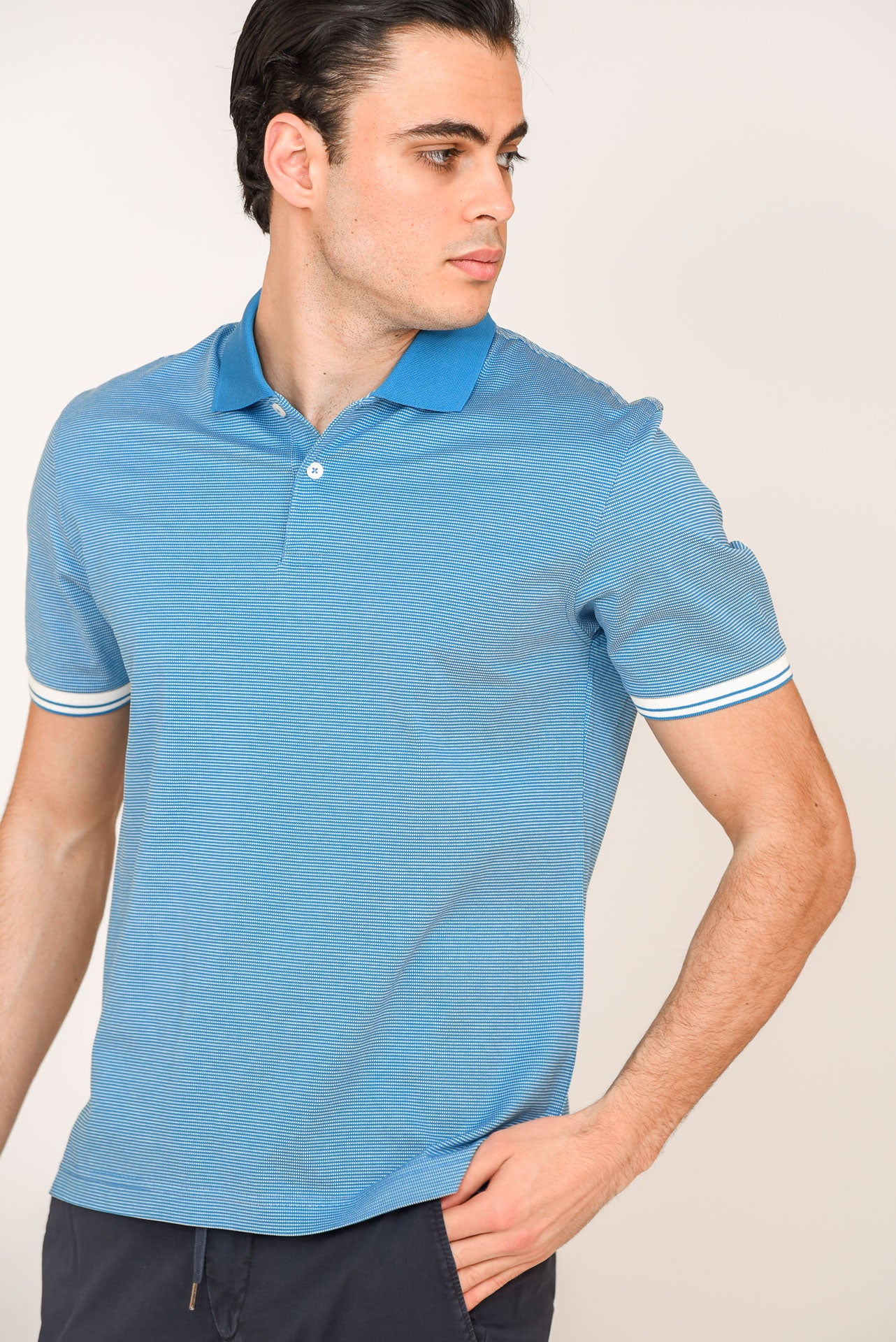 ΑΝΔΡΙΚΟ POLO PORTOBELLO'S ΣΙΕΛ ΜΕ ΛΕΥΚΕΣ ΡΙΓΕΣ ΣΤΑ ΜΑΝΙΚΙΑ