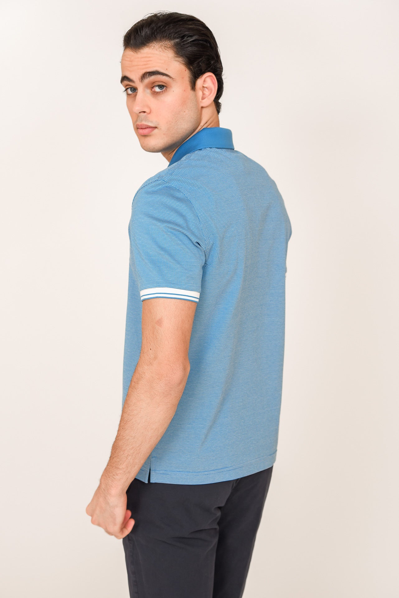 ΑΝΔΡΙΚΟ POLO PORTOBELLO'S ΣΙΕΛ ΜΕ ΛΕΥΚΕΣ ΡΙΓΕΣ ΣΤΑ ΜΑΝΙΚΙΑ