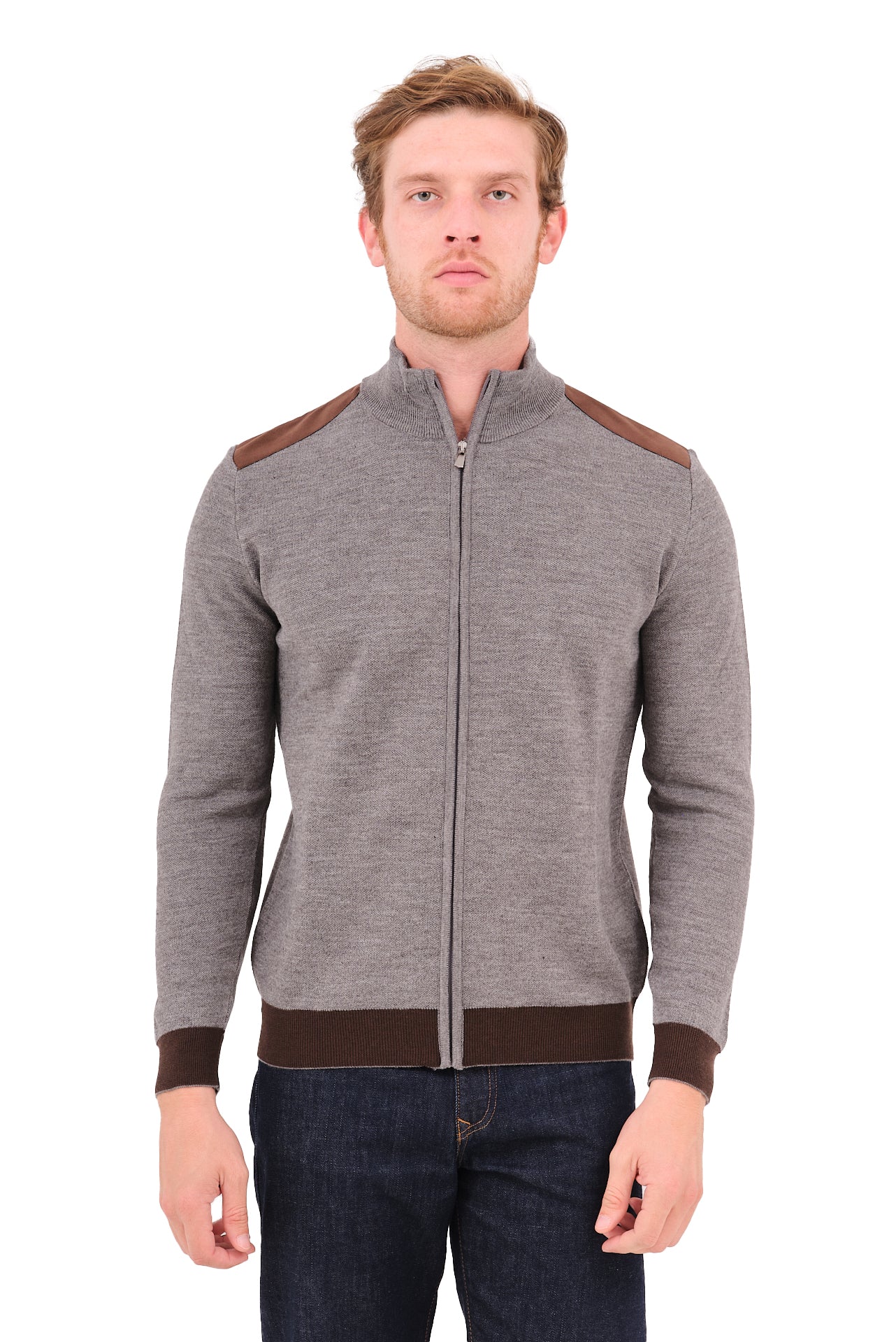 ΑΝΔΡΙΚΗ ΖΑΚΕΤΑ CARDIGAN PORTOBELLO'S ΣΕ ΣΚΟΥΡΟ ΓΚΡΙ ΧΡΩΜΑ ΚΑΙ ΚΑΦΕ ΛΕΠΤΟΜΕΡΕΙΕΣ